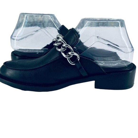 Free People Vida Mules 37 Black Leather Silver Link Chain Slip On Loafer - Picture 6 of 12